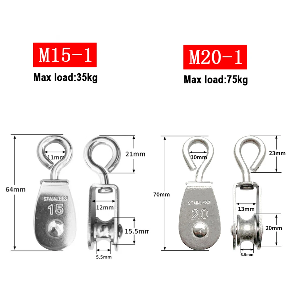 Single Pulley Block M15-M100 304 SS Single Double Groove Pulley Heavy Steel Traction Wheel Swivel Lifting Rope Pulley Block Tool