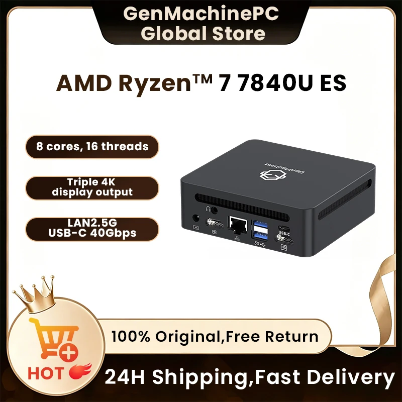 WIFI6 Mini Pc Diy ordenador para juegos GenMachine Ryzen AMD Ryzen 7 7840U ES, 8 núcleos 16 hilos, 3,3-5,1 GHz,TDP: 28W LPDDR5 24G 6400Mhz