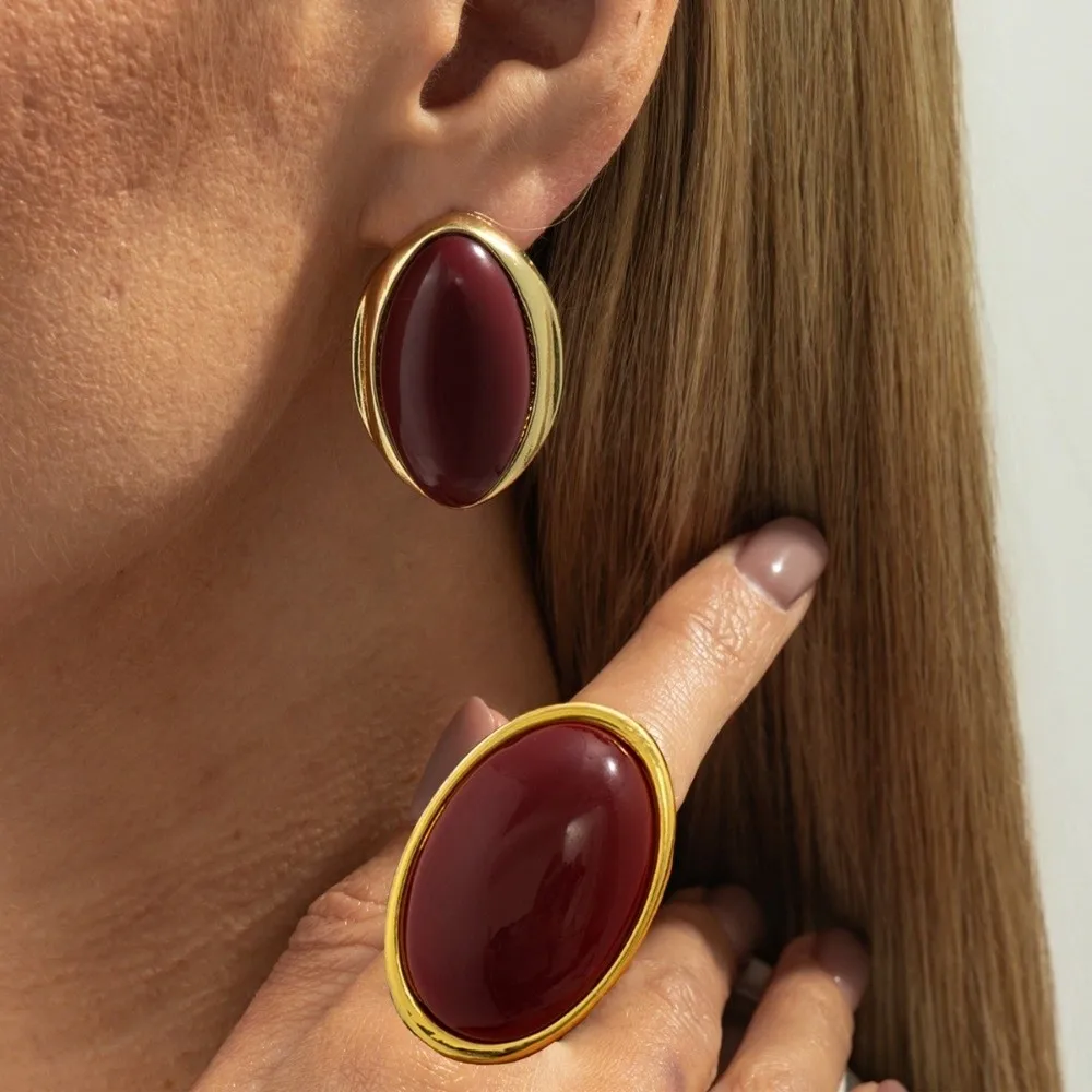 Geometric Resin Dangle Earrings Vintage Red Vintage Trend Oval Earrings Sweet Large Geometric Earrings for Bridal Shower