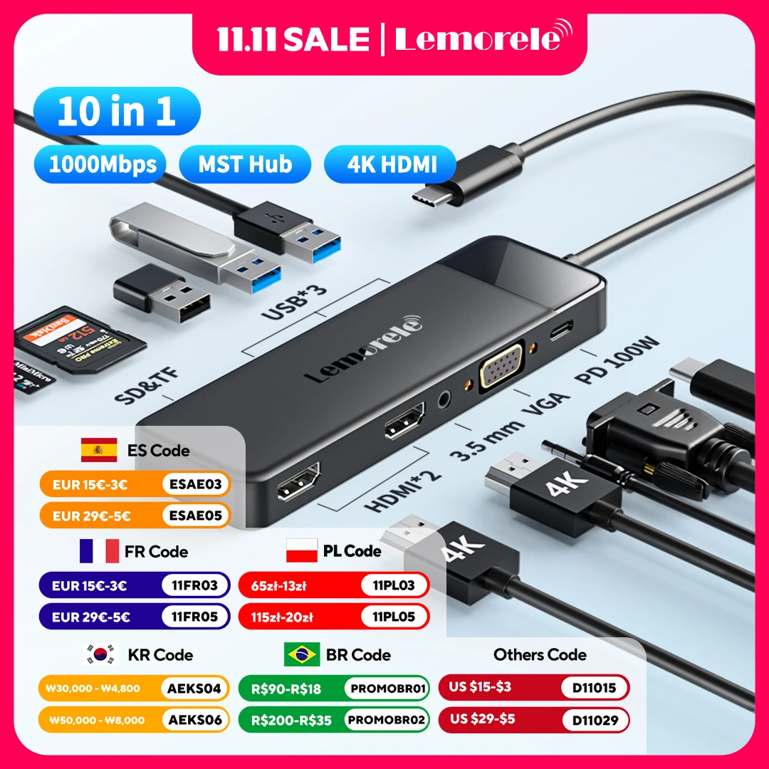 

Lemorele 10-в-1 USB-C Hub Многофункциональная док-станция типа C к двойному HDMI VGA USB 3.0 Адаптер PD Зарядная док-станция Устройство чтения карт SD