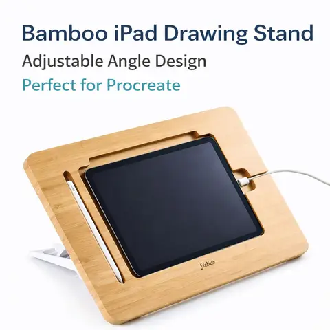 Bamboo Tablet Stand Adjustable Foldable IPad Drawing Stand Multi Angle Holder for IPad Pro 11 12.9 Inch with Pen Slot