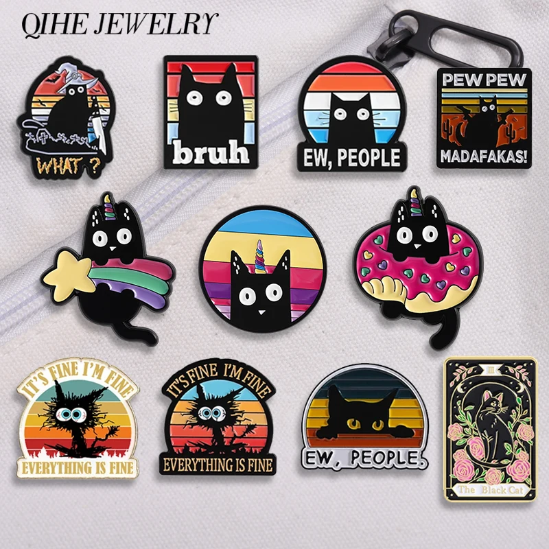 

Cartoon Rainbow Cat Unicorn Brooch Enamel Pins Punk PEWPEW Black Cat With Knife Brooch Clothes Lapel Badge Jewelry Friends Gift