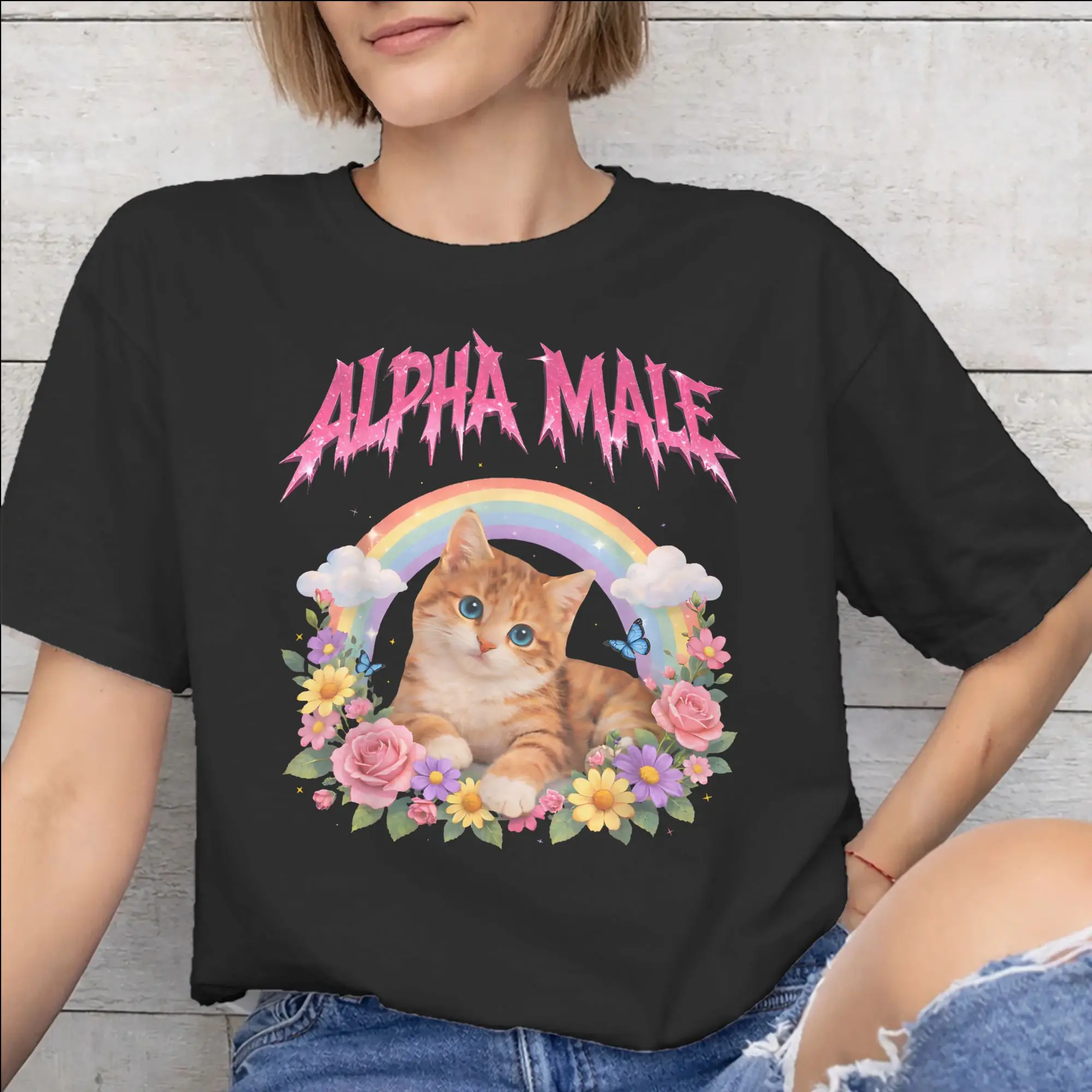 Fashion Alpha Male Cat Kitten Funny  T Shirt for Men Women  Pure Cotton Tee Shirt Short Sleeve Clothes