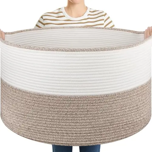 

Большая корзина для одеял с ручками, 22.8" x 22.8" x 13", плетеная корзина для хранения для гостиной, из хлопкового каната, для детских игрушек