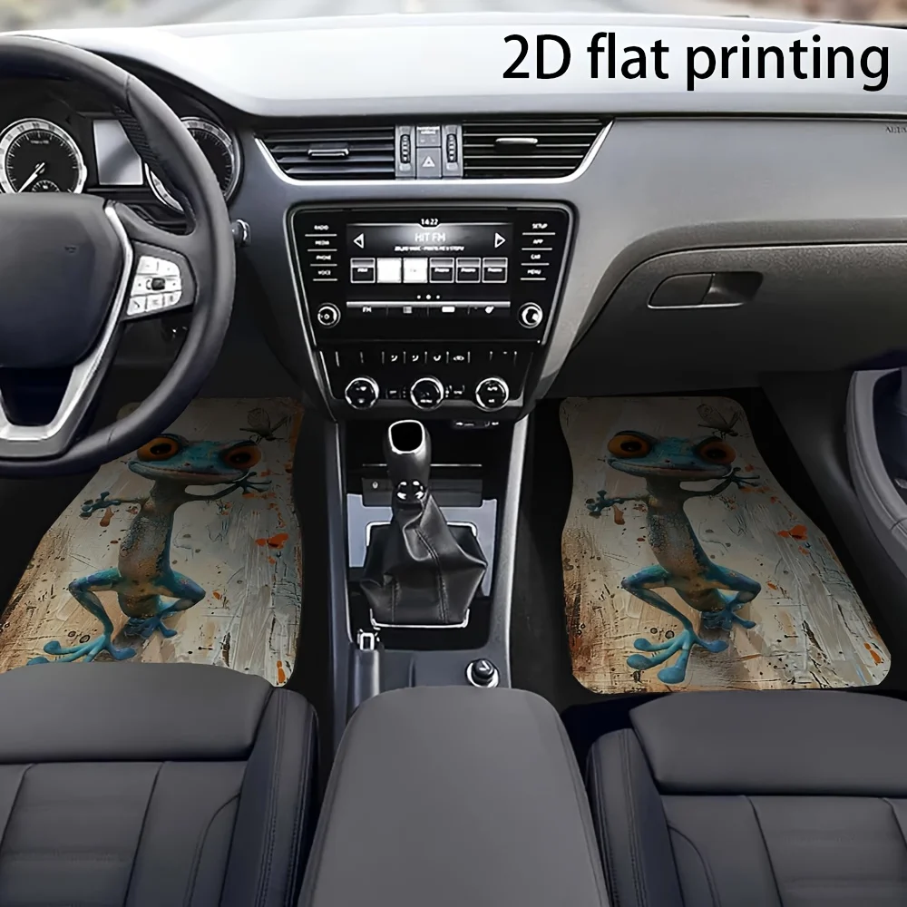 4pcs Car Floor Mats, Cartoon Frog And Dragonfly Abstract Design, Universal Car Mats, Made Of Polyester Fiber, Automotive Decorat