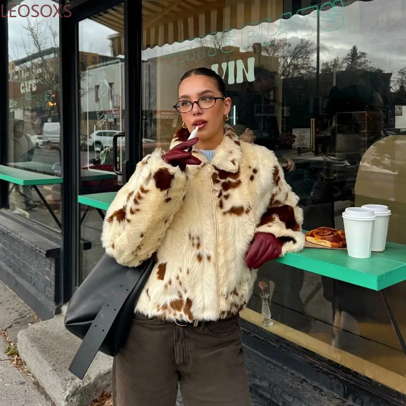 Chic Street Girls Cow Print  Faux Fur Coat Women 2025 Winter New Brand Fashion Warm Faux Fur Jacket Autumn Iconic Streetwear