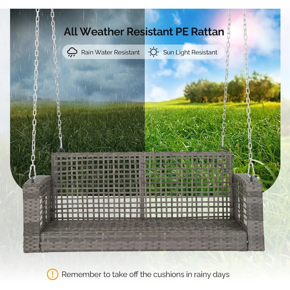 أرجوحة شرفة الروطان الخارجية مع وسائد، سعة 800 رطل، سلاسل قابلة للتعديل، كرسي مقعد أرجوحة من الخيزران للحديقة والسطح