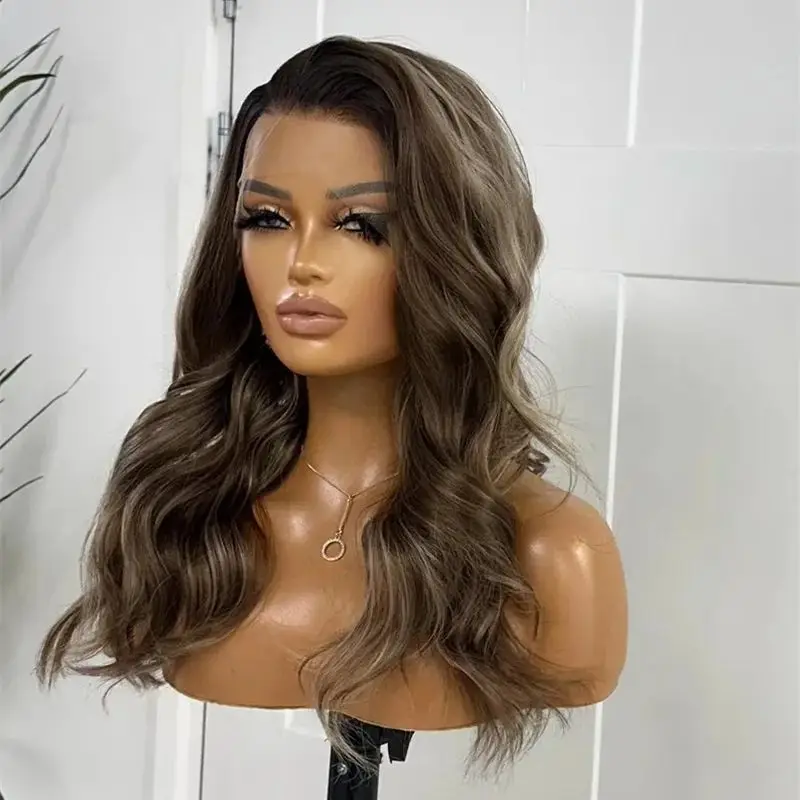 Ombre Ash Brown with Blonde Streaks Highlights Synthetic HD Lace Front Wig Invisible HD Cheap Sale Easy to Wear Party Daily Wear