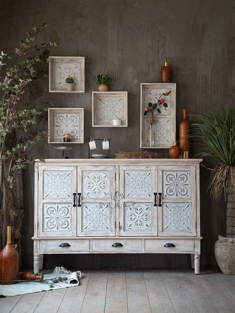 

Entrance Cabinet Solid Wood Vintage Engraving Distressed Sideboard Bed & Breakfast Living Room Bedroom Decoration Storage Locker