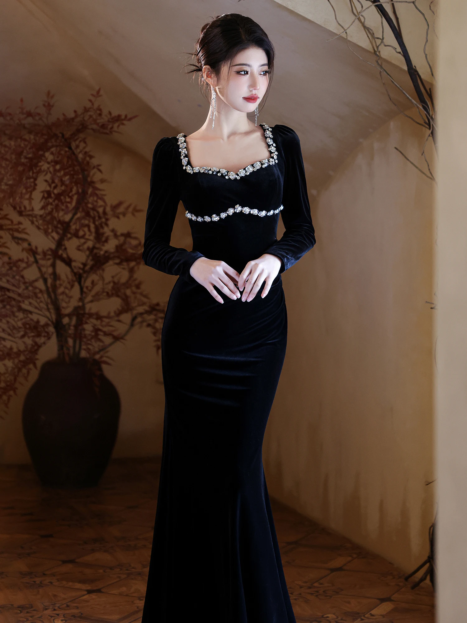 

Ele Bla Velvet Long Sve Evening Gown Women's High-End Sensation Ball Dr Beautiful Year-End Par Host Tail Skirt