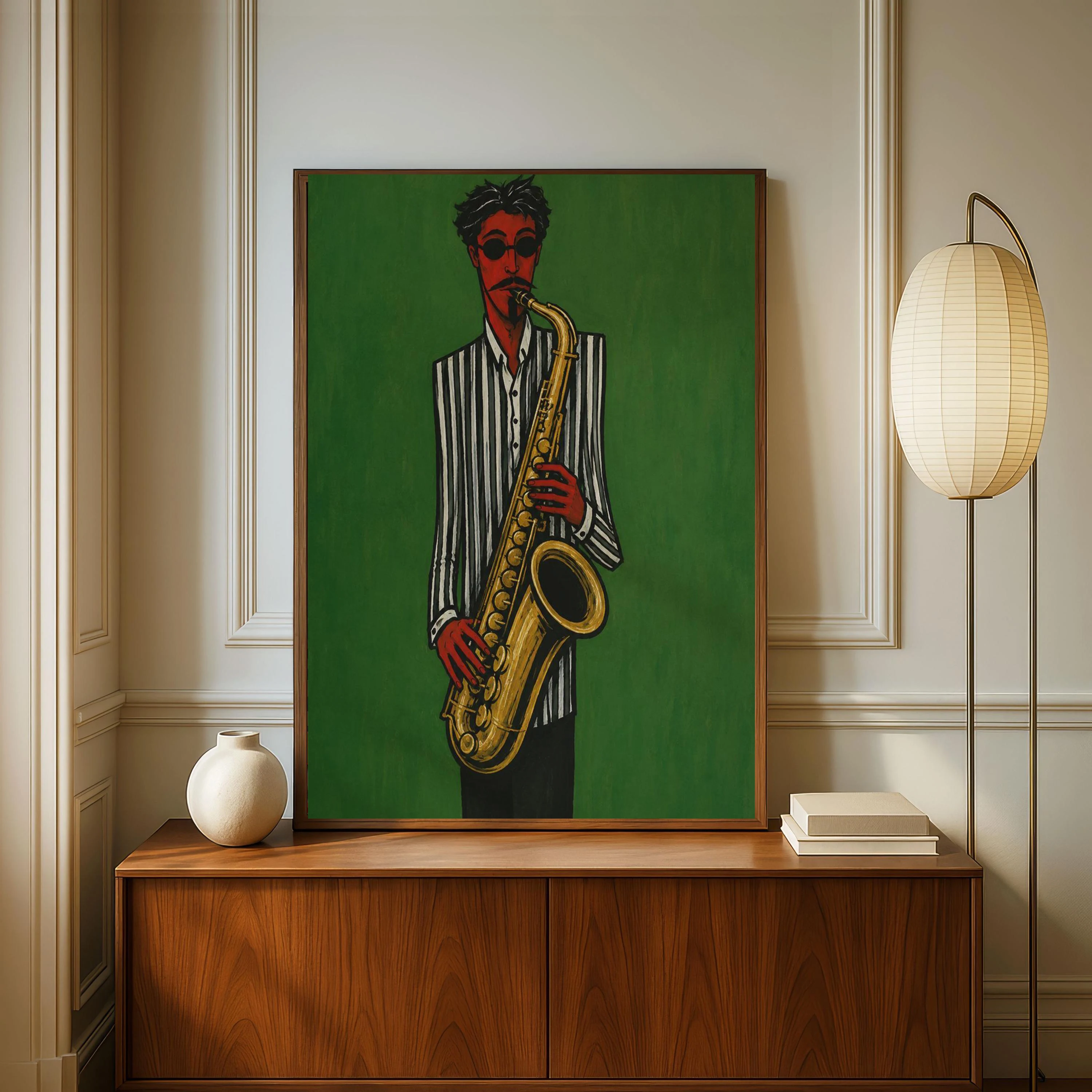 Bold Minimalist Sage Green Man Play Saxophone  Jazz Wall Art Painting Calm Summer Window Poster Print  Aesthetic Home Decor