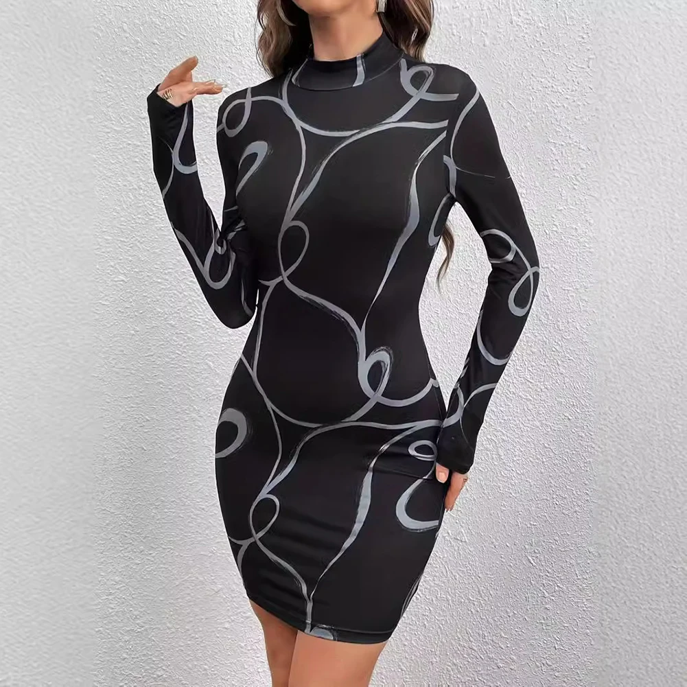 Robe de soirée moulante imprimée pour femmes, manches longues, gaine, Slim, transparente, maille transparente, élégante, Vintage, boîte de nuit, robe Sexy