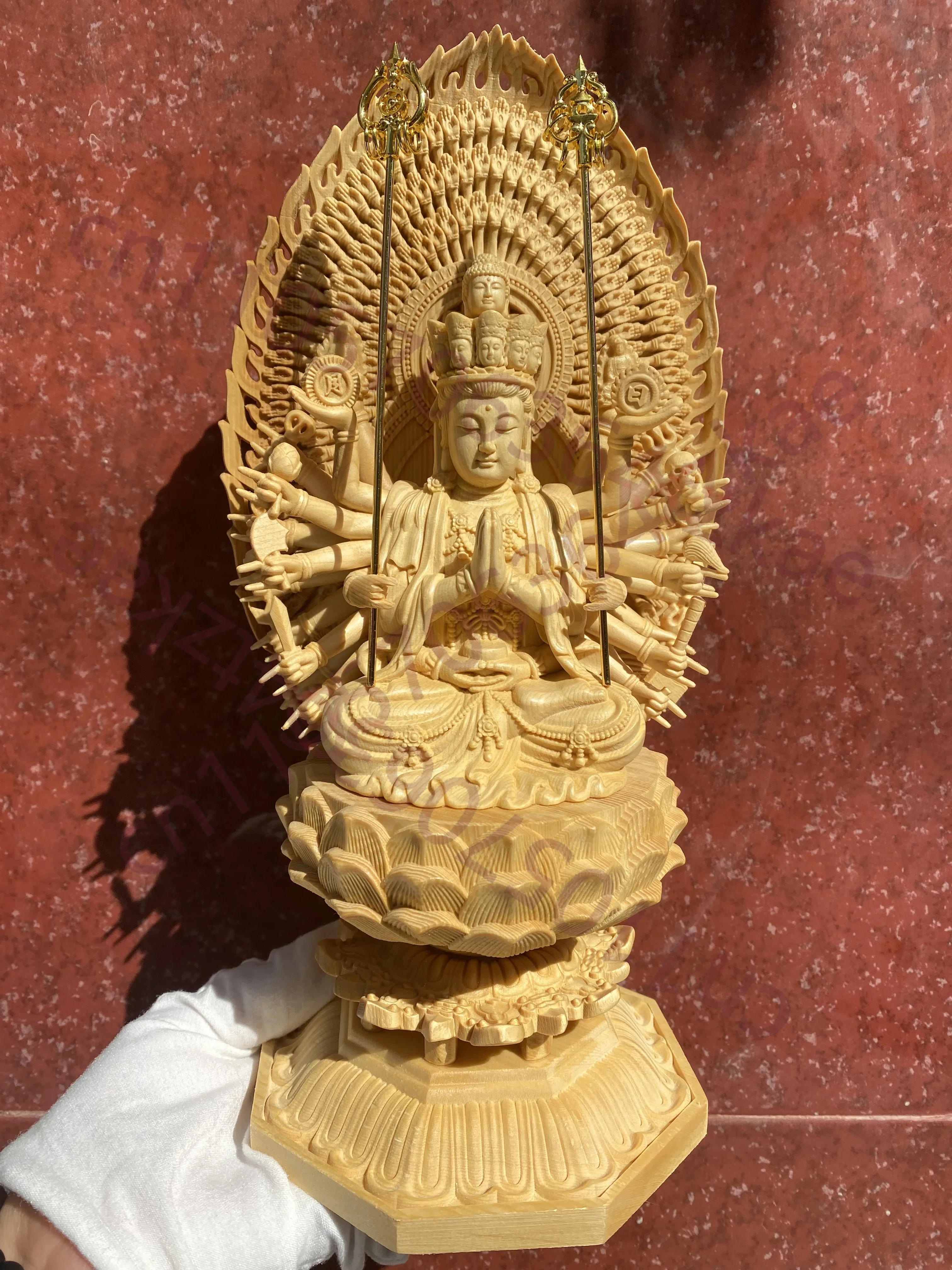 Wood Carved Thousand-Handed Avalokiteshvara (Guanyin) Figurine - 28cm High, Lotus Flower Base, Home Altar Decor