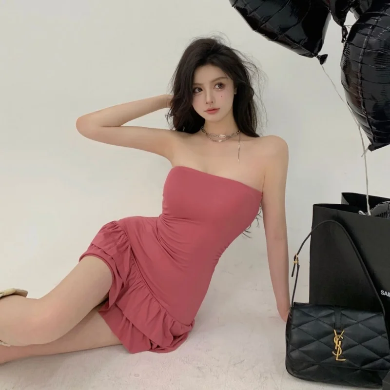 

Women Sexy Strapless Mini Dress Lady Pink Solid Color Trendy Slim Fit Stretchy Ruffle Hem Dress Female Beach Dress