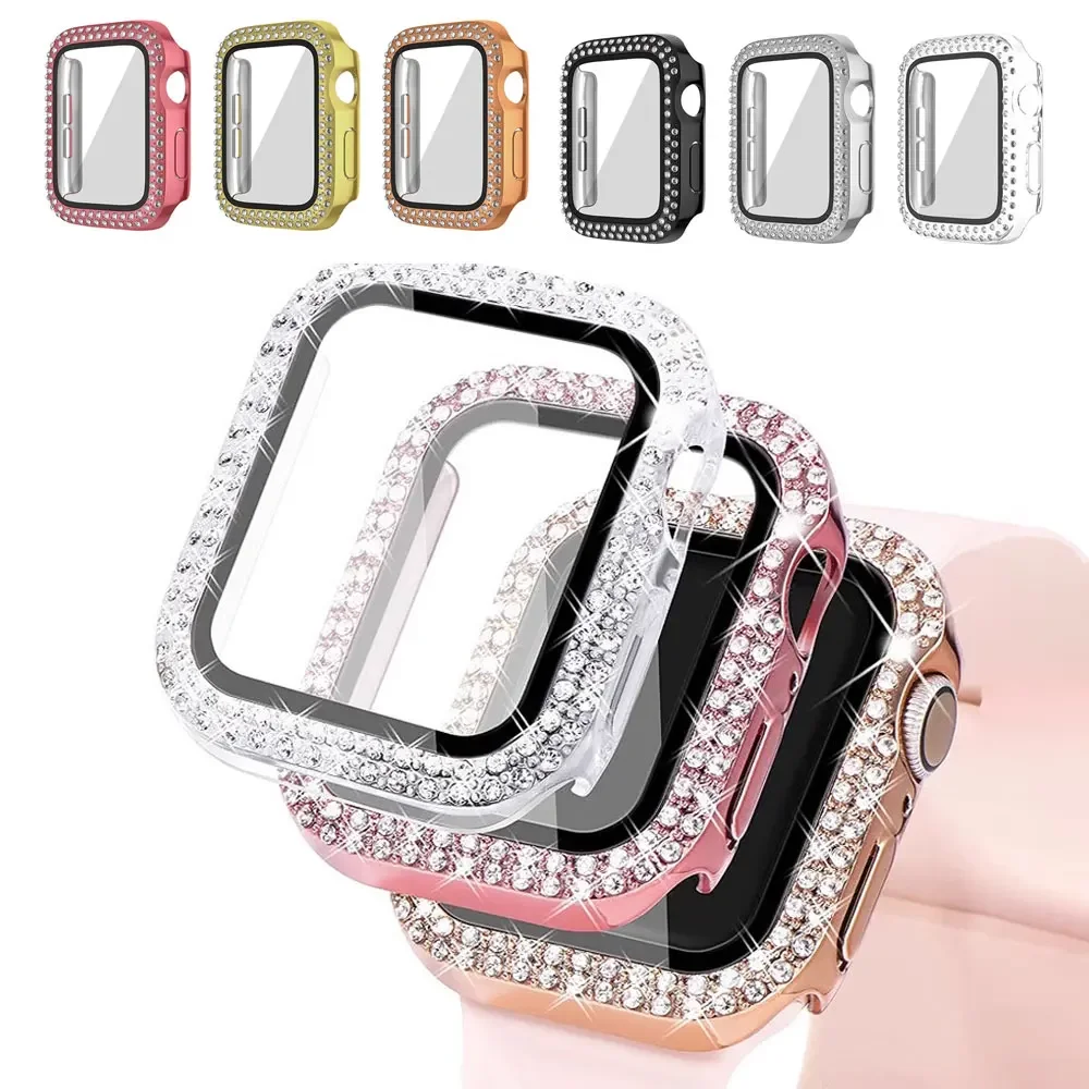 Bling Glass+Cover For Apple Watch Case 44mm 45 41mm 40mm 44 mm women Diamond bumper+Screen Protector iwatch series 7 9 8 5 6 SE