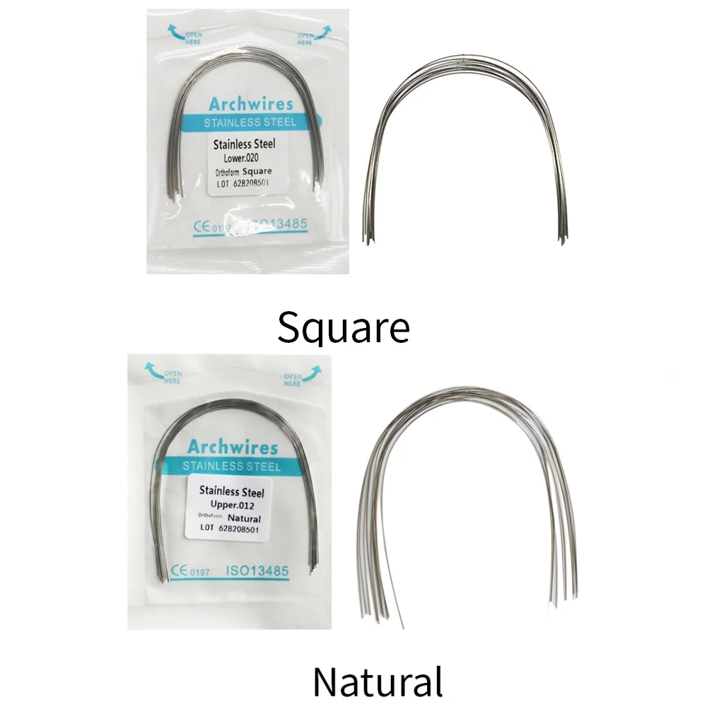 10Packs 100Pcs Stainless Steel SS Wire Natural Square Round Rectangle Archwire (5Packs Upper+5Packs Lower)