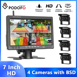 Podofo 7'' IPS Screen Car Monitor Wireless Reverse Camera Anti-Interference Waterproof Infrared Night Vision Cameras with BSD