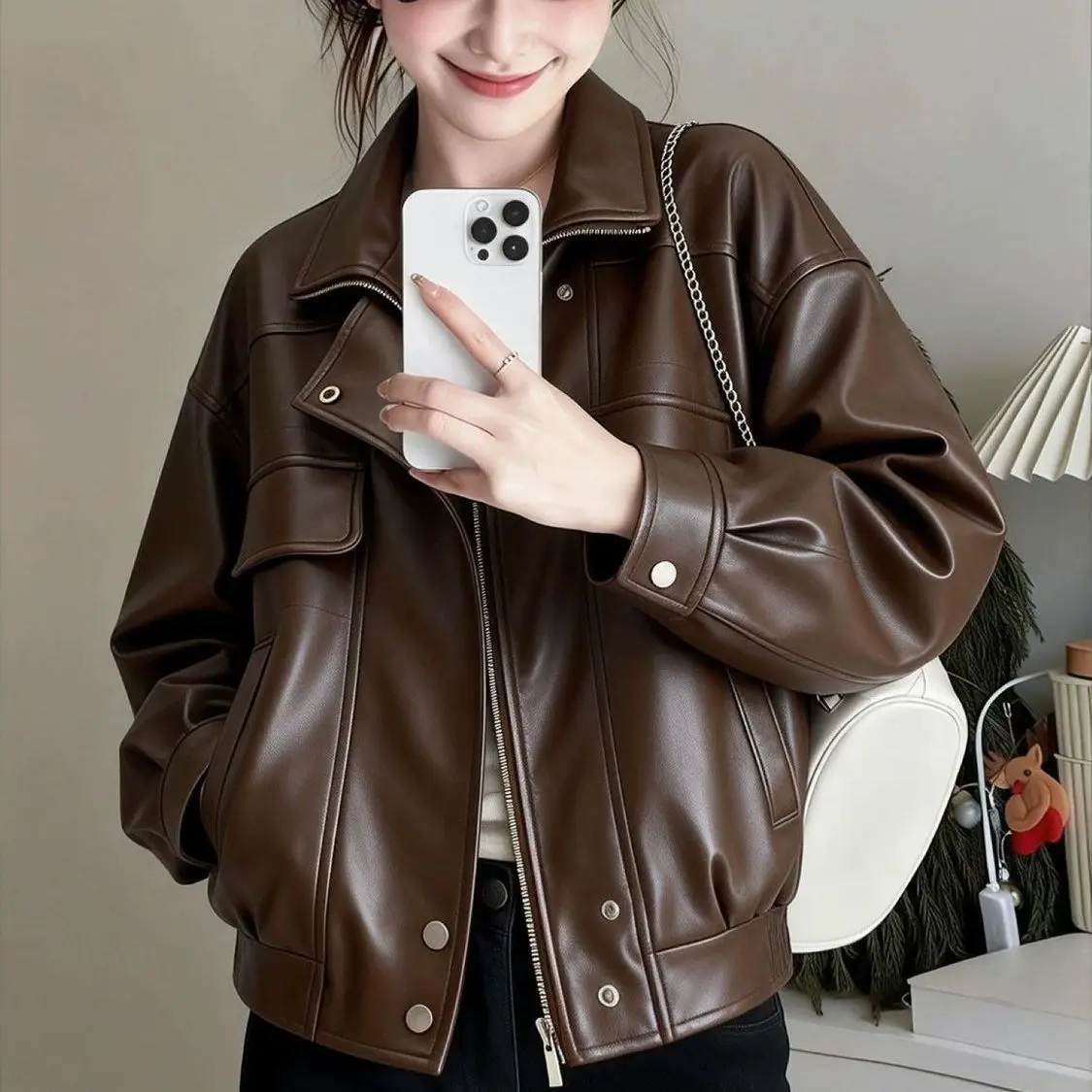 Design Retro PU Leather Jacket Female 2027 New Spring Autumn Korean Outwear Women Loose Overcoat Fashion Motorcycle Leather Coat