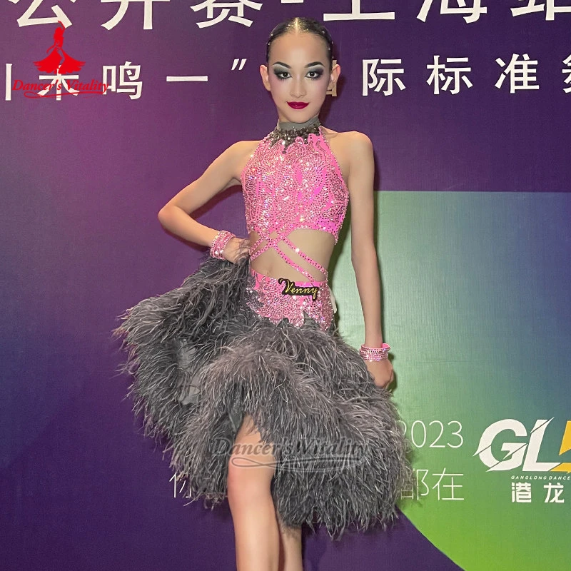 Women Adult Latin Hight-neck Sleeveless Dresses Size Can Be Customized Samba Chacha Feather Contest Clothing Dancer's Vitality