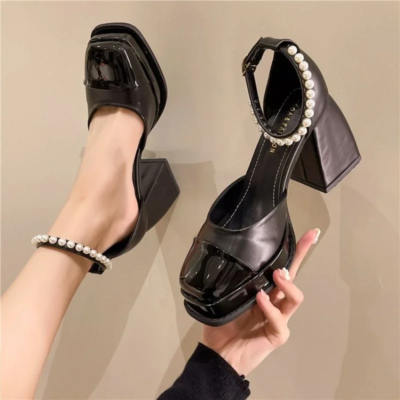 Women\'s Pumps Platform Shoes 2024 New Ladies Mary Jane Shoes Thick Heel Buckle Strap Pearl Sandals Patent Leather Zapatos Mujer