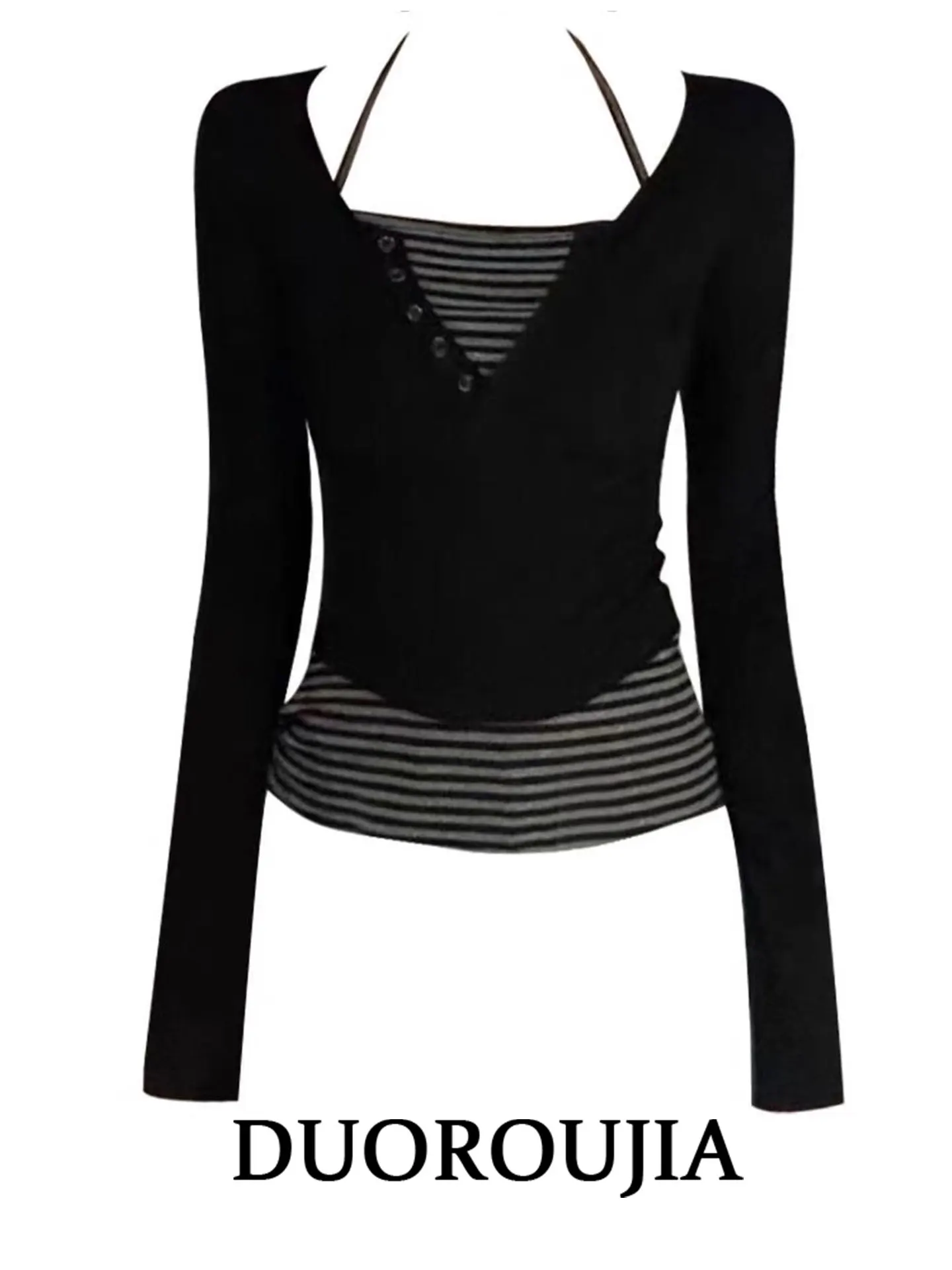 

DUOR plus Size Women's V-Neck Stripe Color Block Neck Hanging Strap Base Shirt Slimming Fake Two-Piece T-Shirt for Autumn Winter