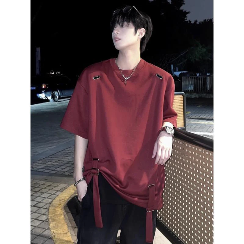 2024 summer Belt adjustable men short sleeve o neck t shirts teenagers high street fashion Simple oversized clothing black white