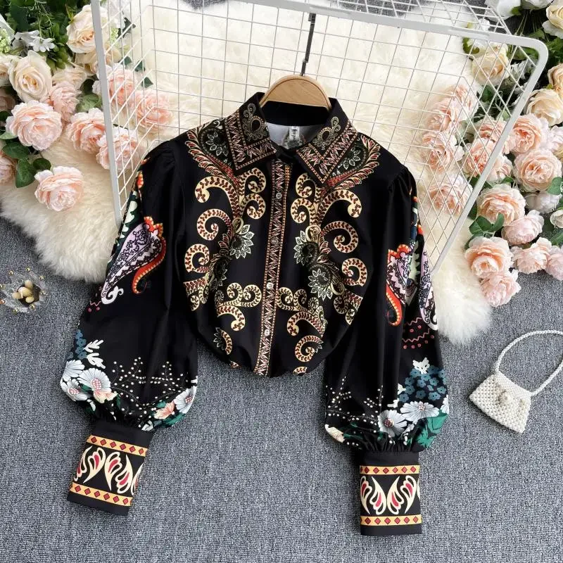 

2022 Spring Autumn Women's Blouse Vintage Court Style Print Lapel Long Sleeve Blouse New Casual Loose Female Tops DE403