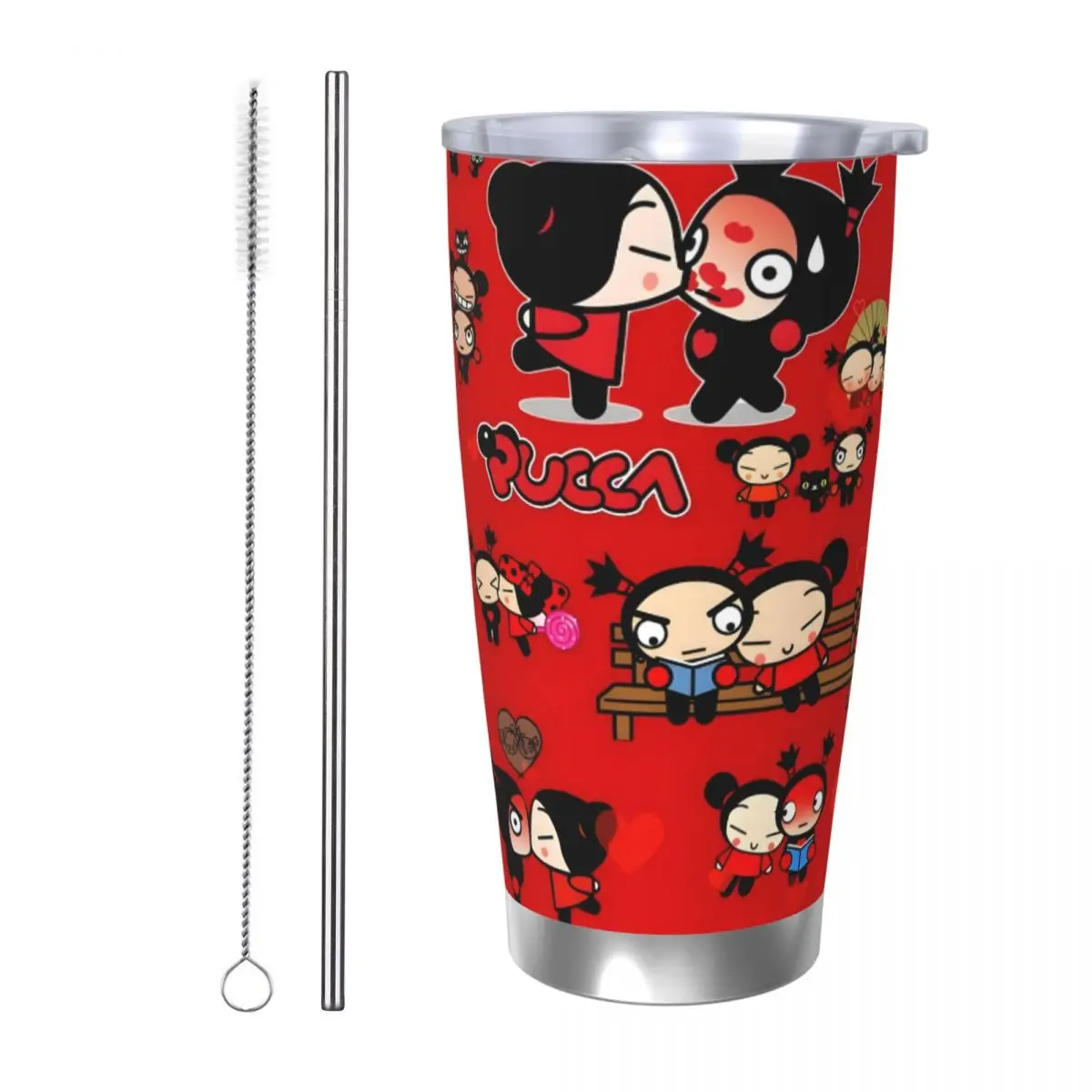 Pucca 20oz Stainless Steel Car Mug Straw Thermal Iced Travel Cup Vacuum Insulated Coffee Hot Cup