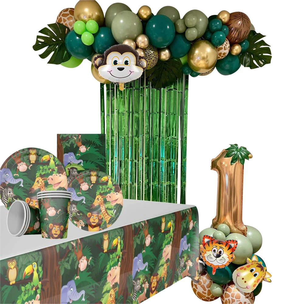 

1set Jungle Safari Tableware Wild one Birthday Party Balloons Tower For Forest Animal Party Decoration Birthday Party Supplies