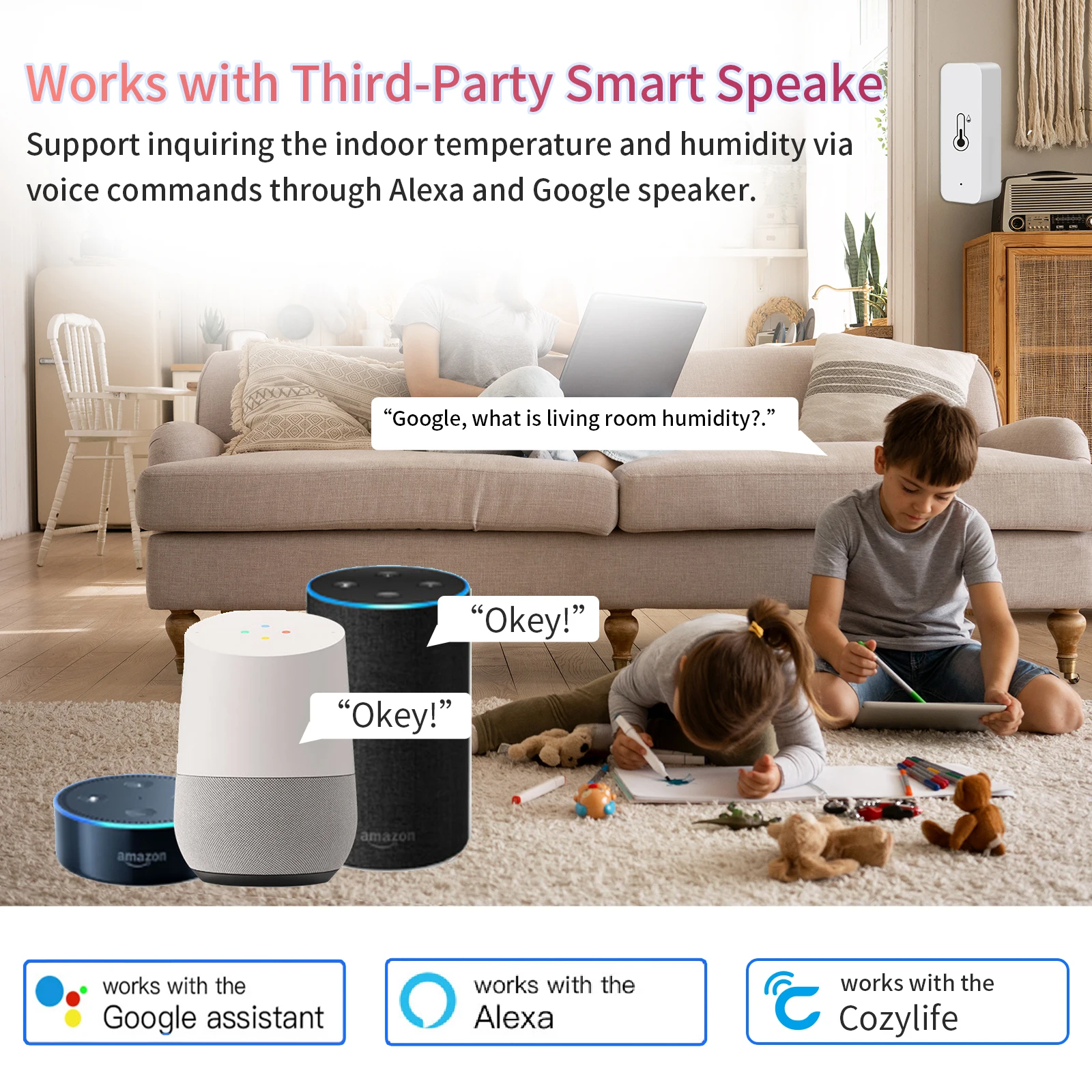 WiFi Smart Temperature And Humidity Sensor Battery  Smart Home Security Work With Alexa Google Home