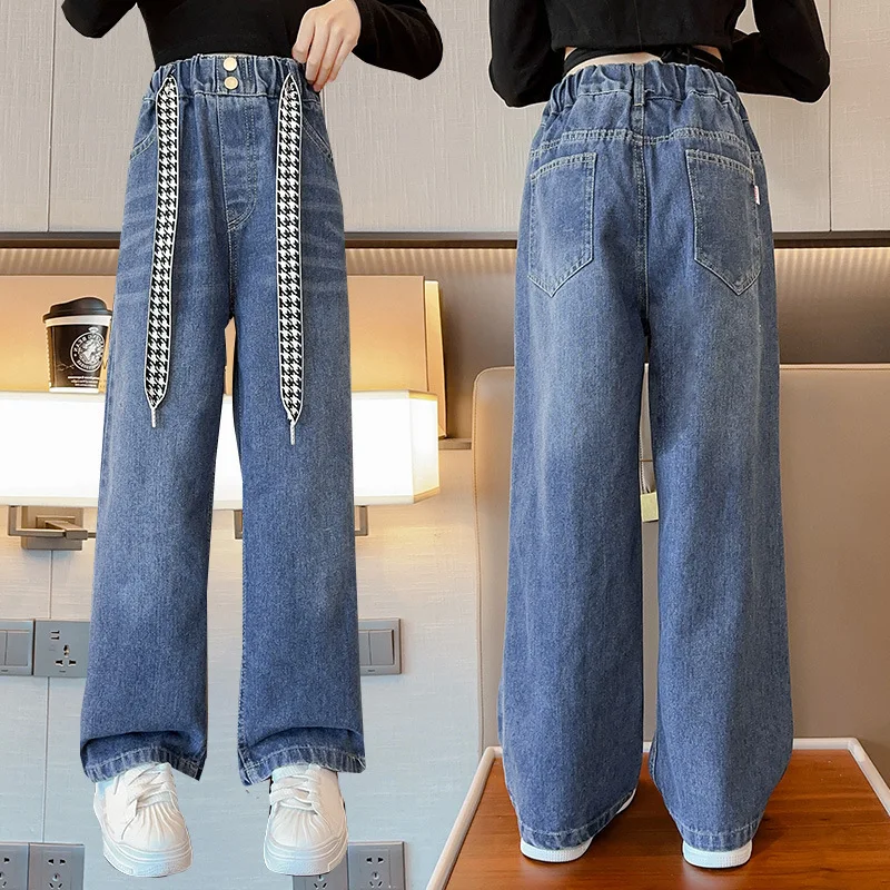 Girls Jeans Spring/Autumn New Loose Straight Pants for Children 10 12 13 14 Years Blue Teenage School Kids Casual Denim Trousers