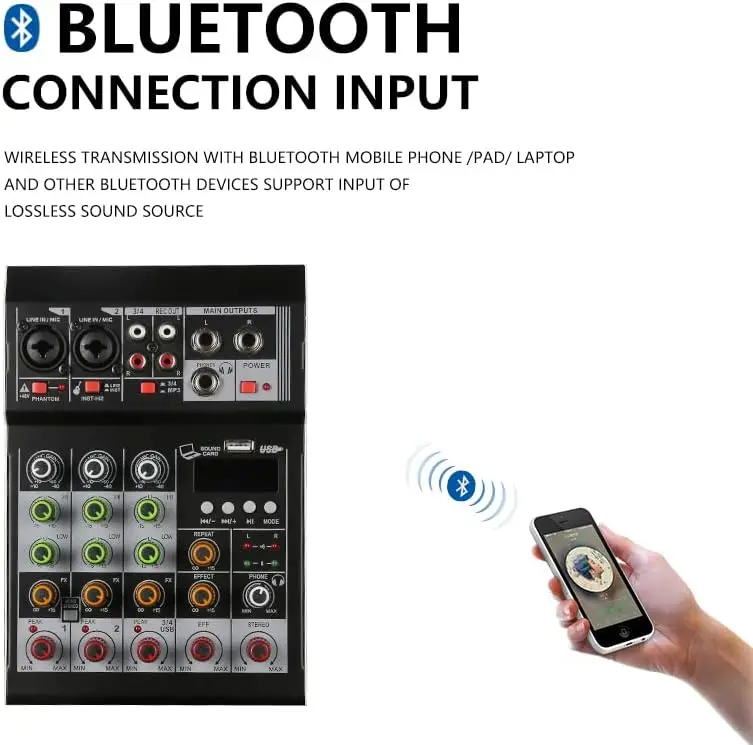 Professional Mini Audio Mixer 4-Channel DJ Controller with USB/BT Effects Interface for Family KTV Karaoke & Mini KTV Karaoke