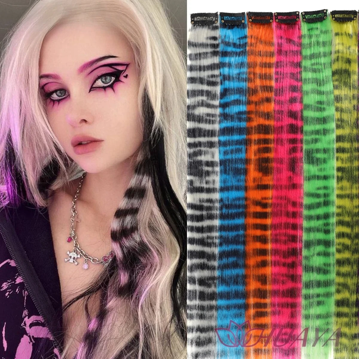 

Synthetic Clip in Hair Extension Colorful Fake Hair Clip In One Piece Hairpiece For Women Y2K Colorful Hair Extensions Leopard
