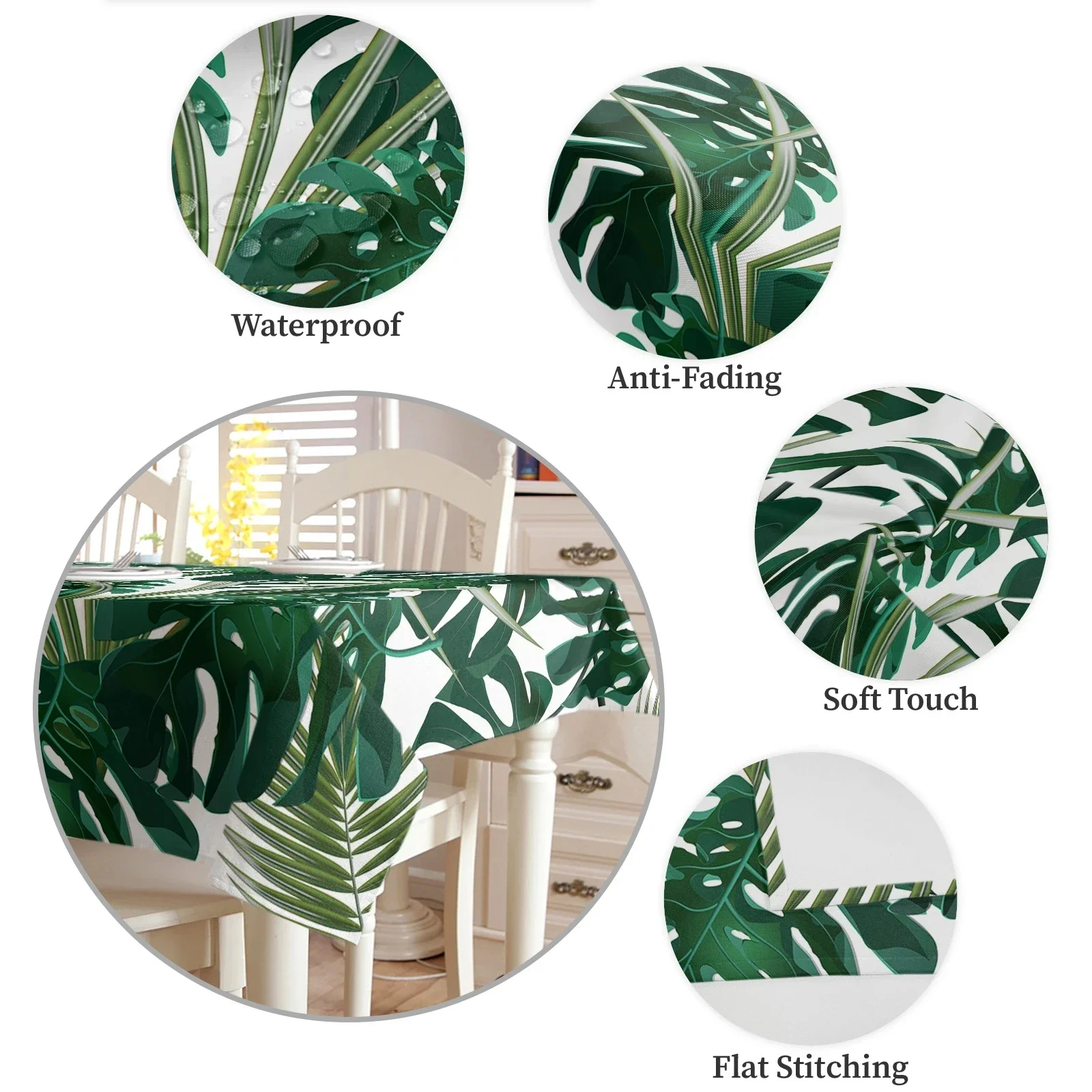 Tropical Jungle Leaves Monstera Green White Waterproof Tablecloths Kitchen Coffee Table Cloth for Living Room Dining Table Decor