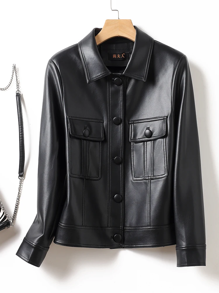   Giacca in Vera Pelle Ning per Donna, Stile Casual, Vestibilità Slim, Manica Corta, Cappotto in Pelle di Pecora, Novità Primavera-Autunno