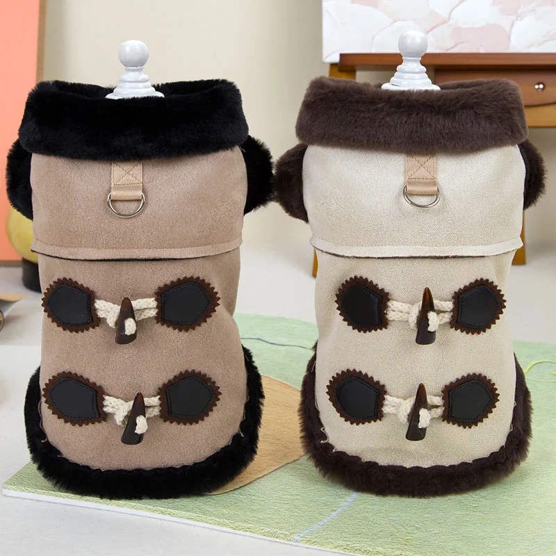 

Dog Coat Jacket Winter Brown Beige Dog Clothes Fur Collar Retro Short Sleeve Pet Costume For Small Medium Dog Chihuahua Apparels