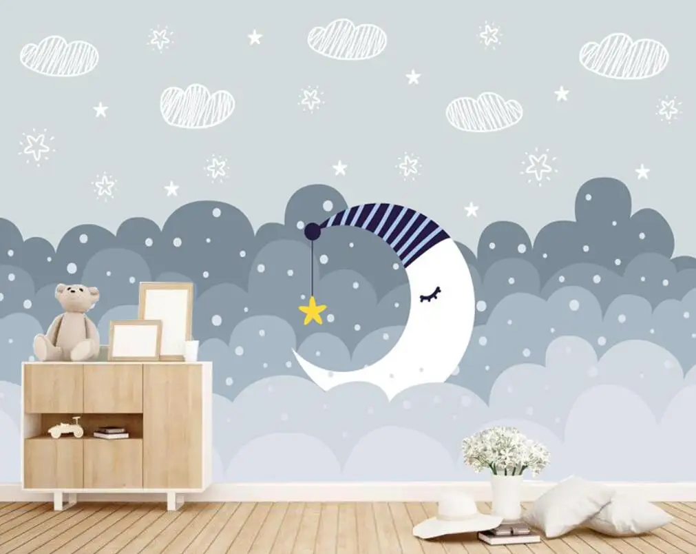 Custom Size 3D Wallpaper Cartoon Photo Mural Nordic Hand-Painted Romantic Clouds Starry Design for Children's Room Decor