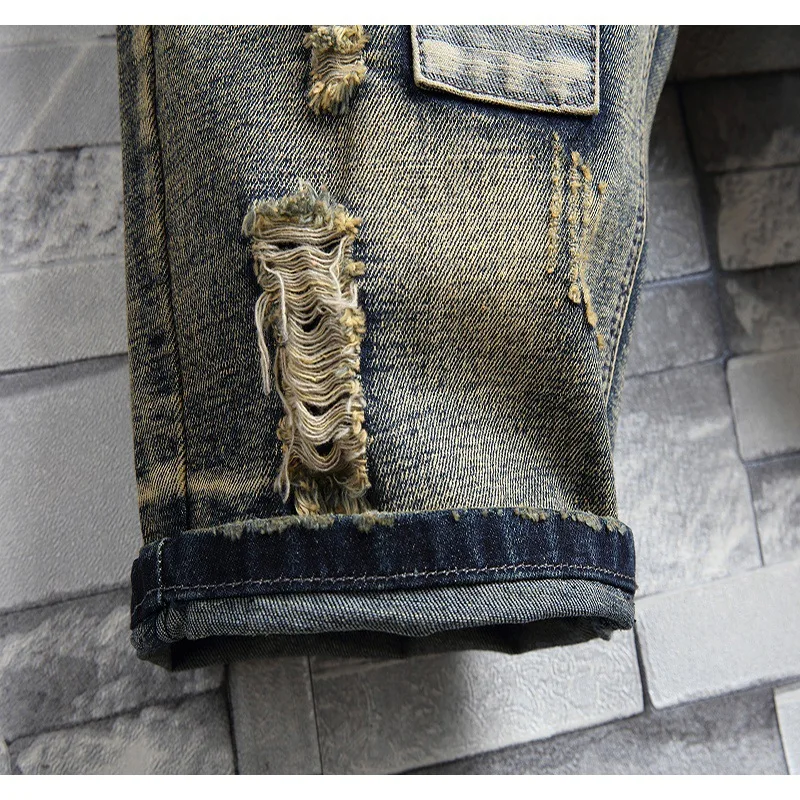 2024  Motorcycle Denim Shorts Men's Summer Fashion Brand Patchwork Stitching Loose Straight Retro Tattered Jeans Cropped Pants