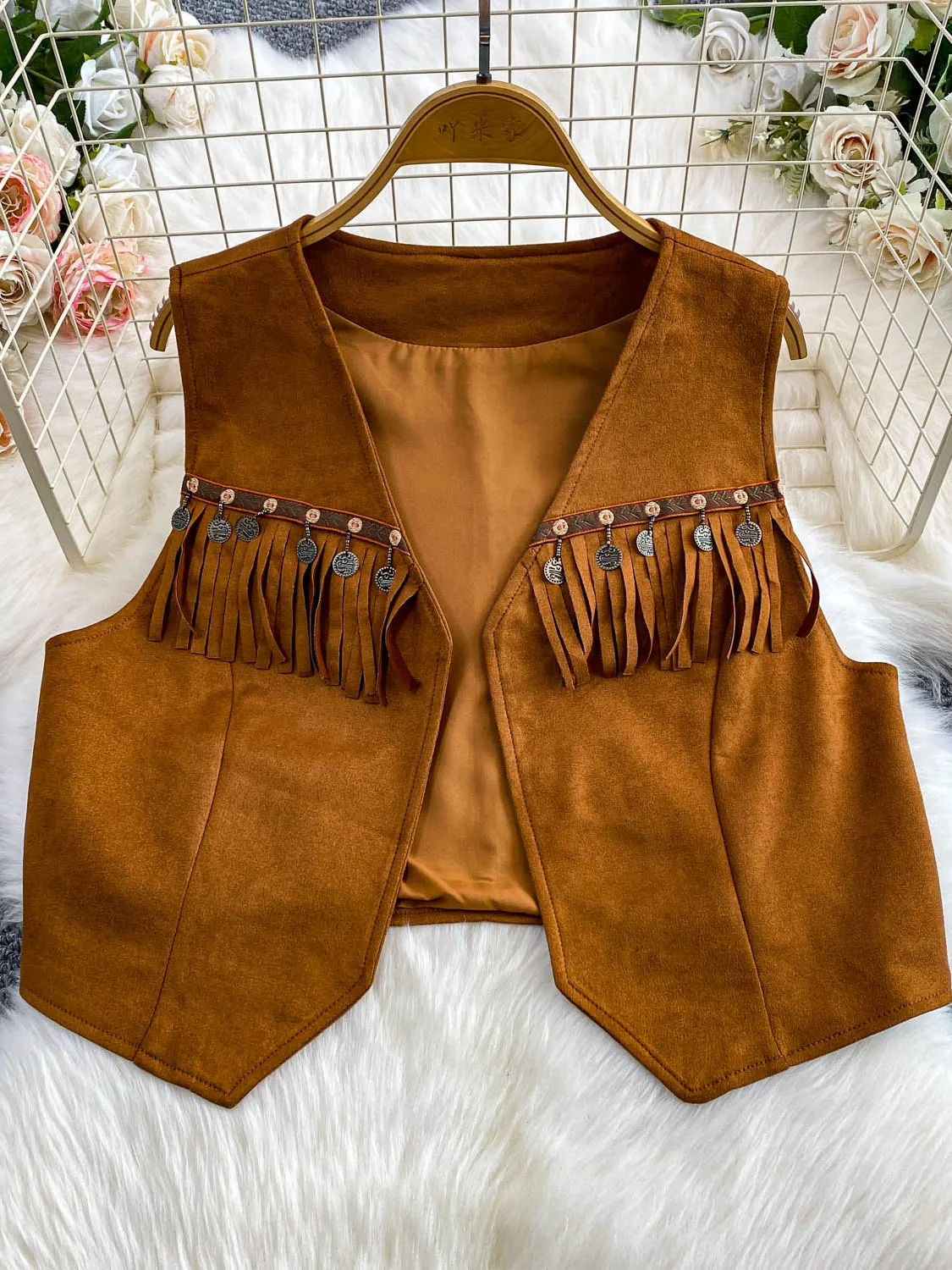 

Женский бархатный жилет из кожи оленя Ele Brown ort V-Ne, утягивающий топ из тяжелого кружева для поездок на работу, осенняя мода