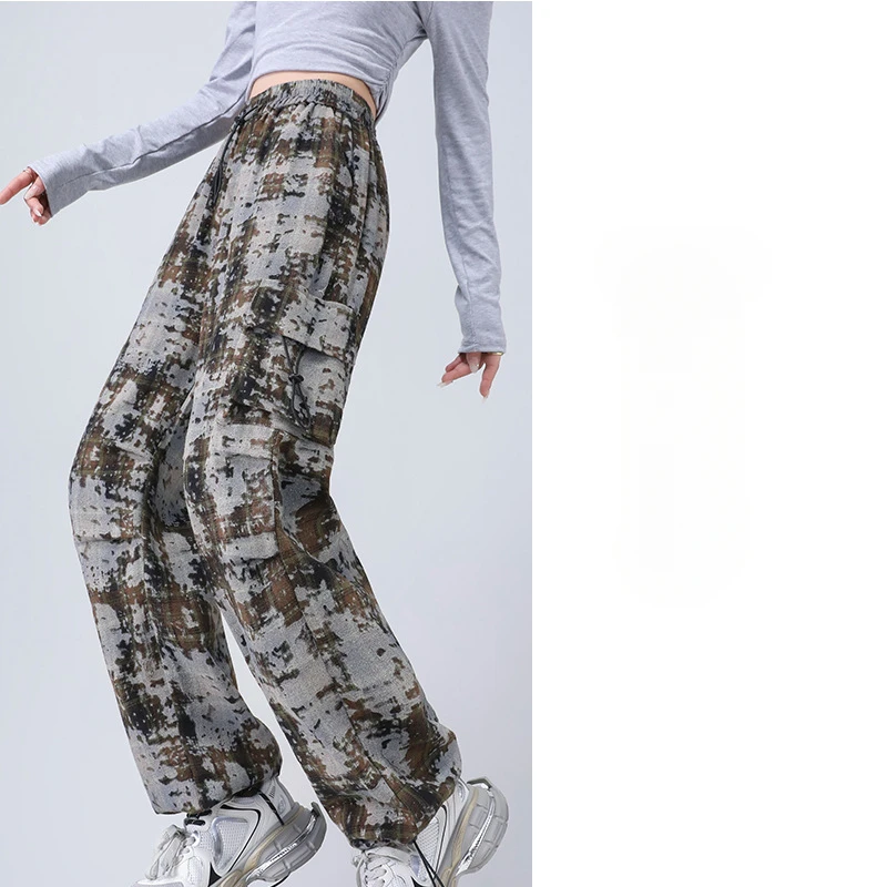 Spodnie damskie i capris inspirowane stylem vintage w kratkę z nadrukiem Tie-Dye z wysoką talią i wąską sylwetką