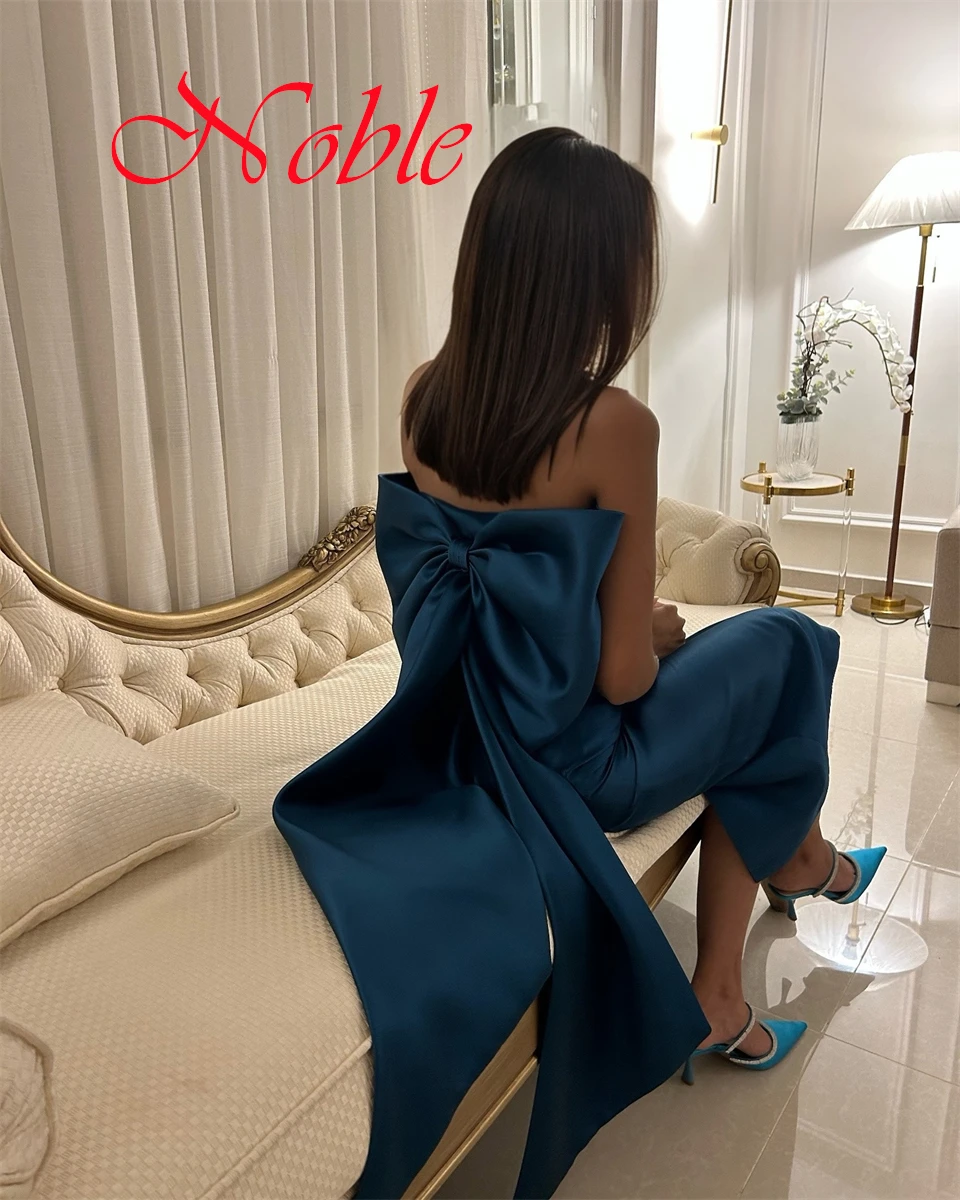 Customized Simple Blue Satin Evening Dress Classic Square Collar Spaghetti Straps Sleeveless Bow Back Slit Homecoming Dress