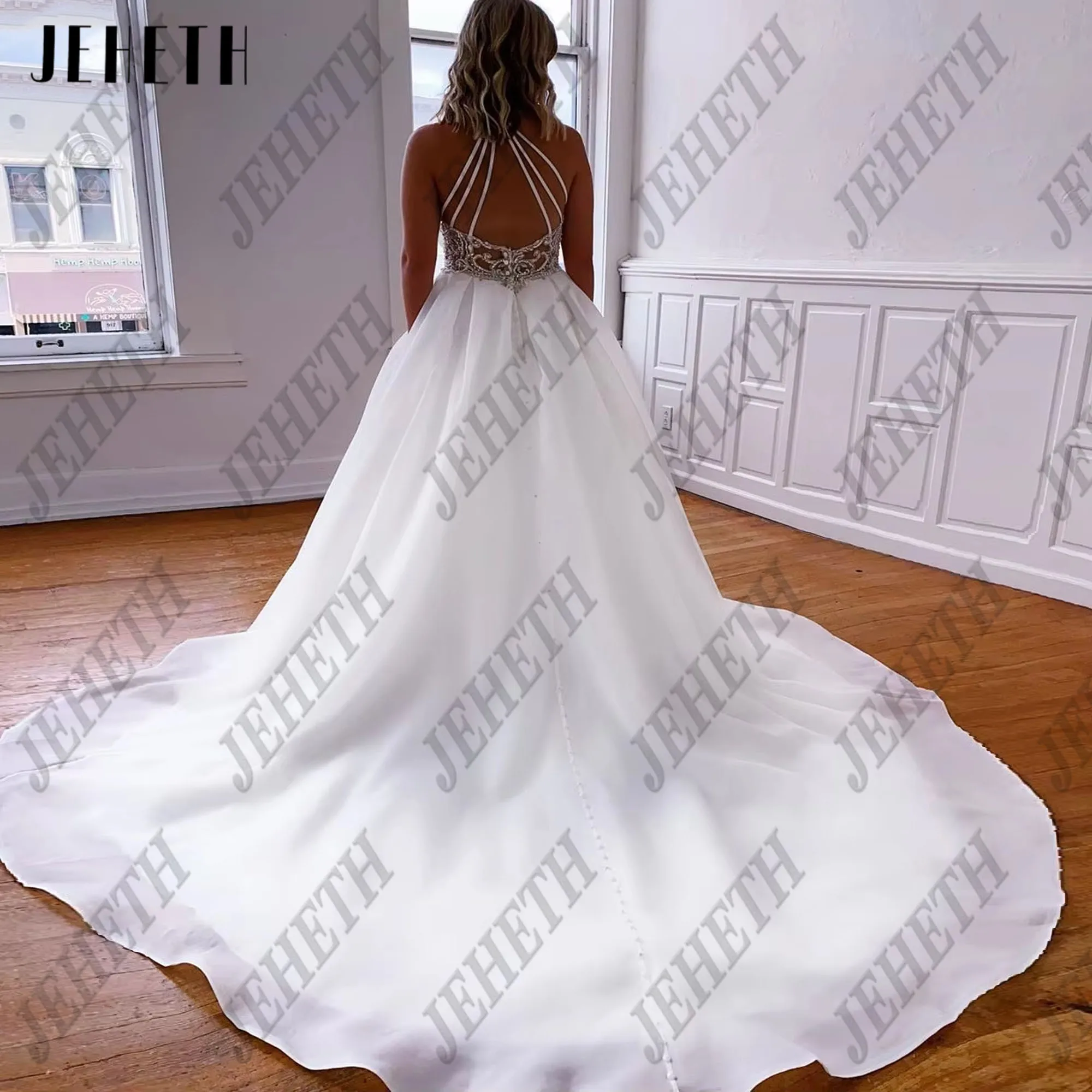 JEHETH A-Line Boho superventas 2025 vestidos De novia para mujer Organza blanca cristales De cuello alto vestidos De novia bata personalizada Jeheth a - line Bohemia 2025 vestidos de novia femeninos más vendidos vestid