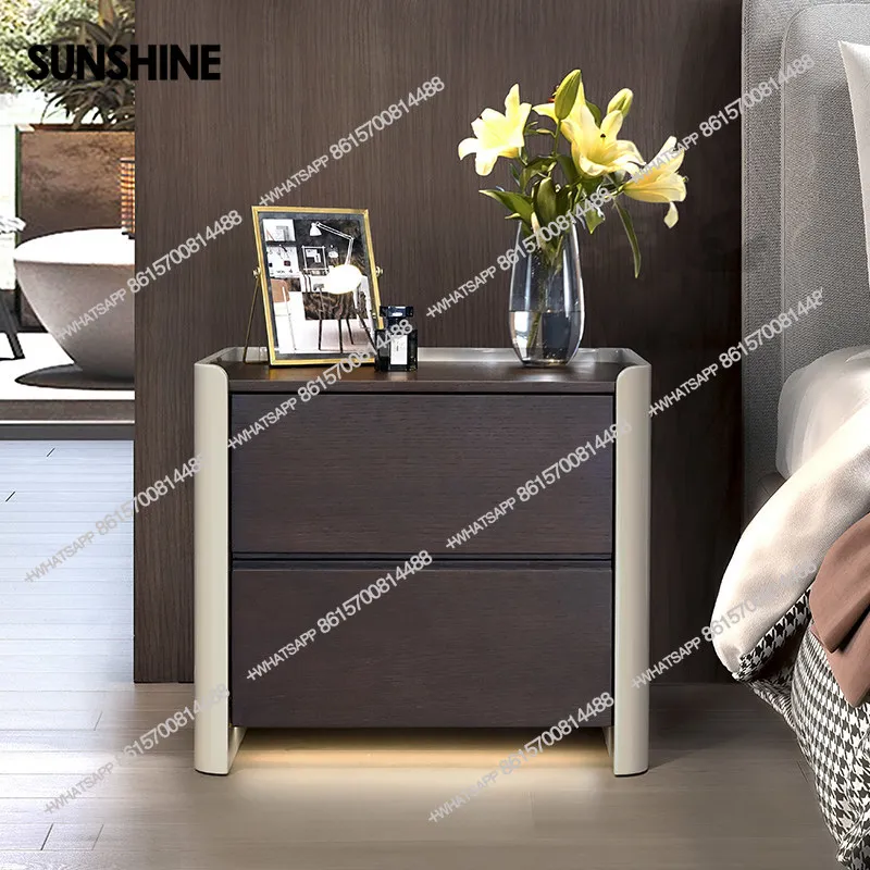 

Modern Bedroom Storage Cabinet Very Simple Smoked Wood Sensor Lamp Bedside Table