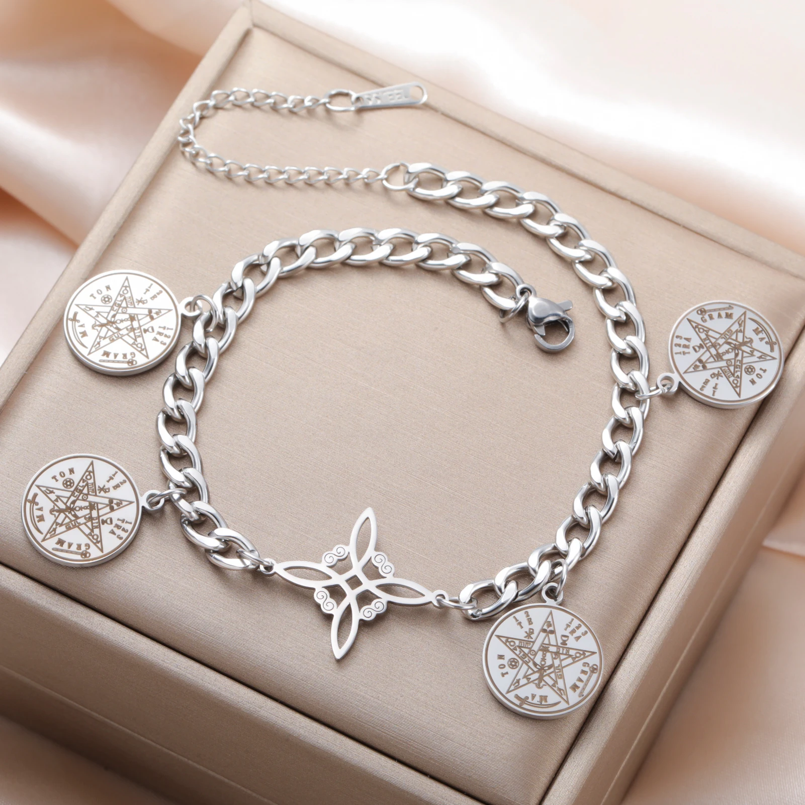 Lucktune الساحرة عقدة Tetragrammaton الله اسم ختم سوار Charm الفولاذ Seel المرأة اليد أساور سليمان تميمة مجوهرات
