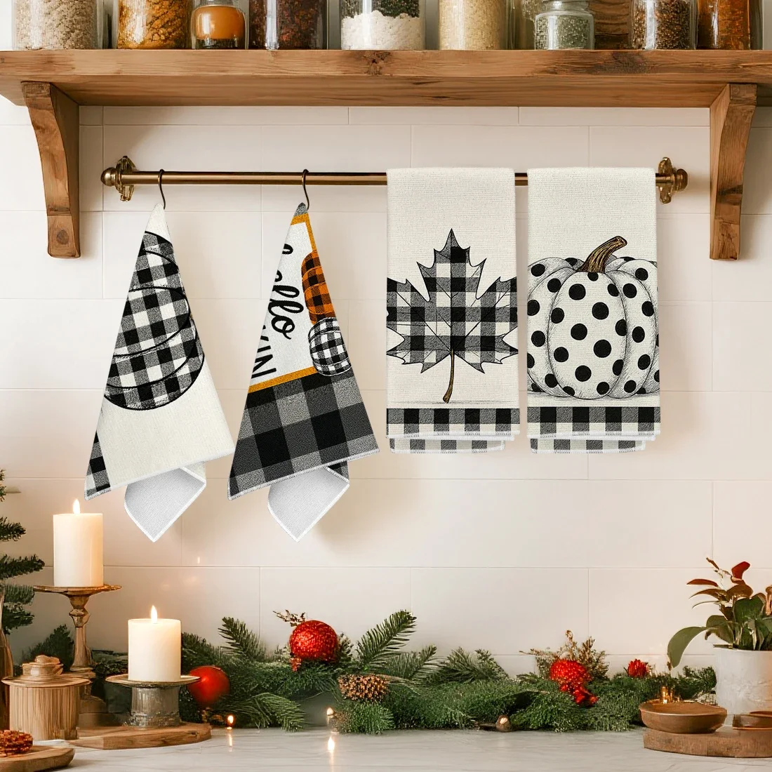 2/4/6pcs set Kitchen Towels Thanksgiving plaid pumpkin maple Hand Towels Christmas Decorations for Home Noel Dish Towels Gifts