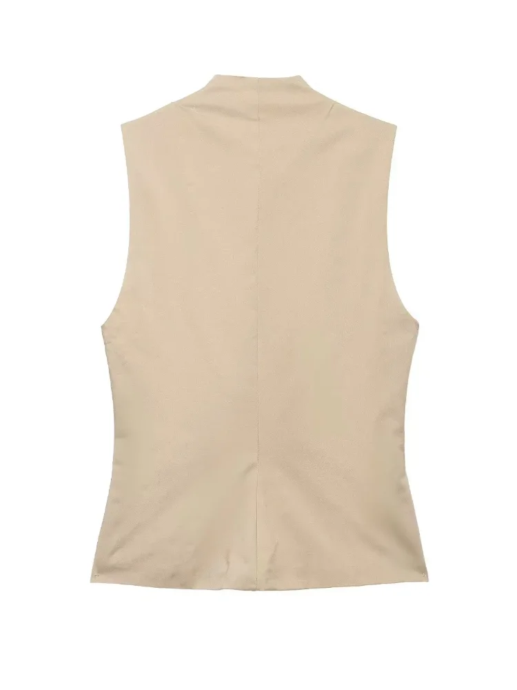Vintage Military Style Sleeveless Top Women High Neck Double Breasted Studded Fitted Beige Tank Fall Y2k Clubwear Outfit 2026