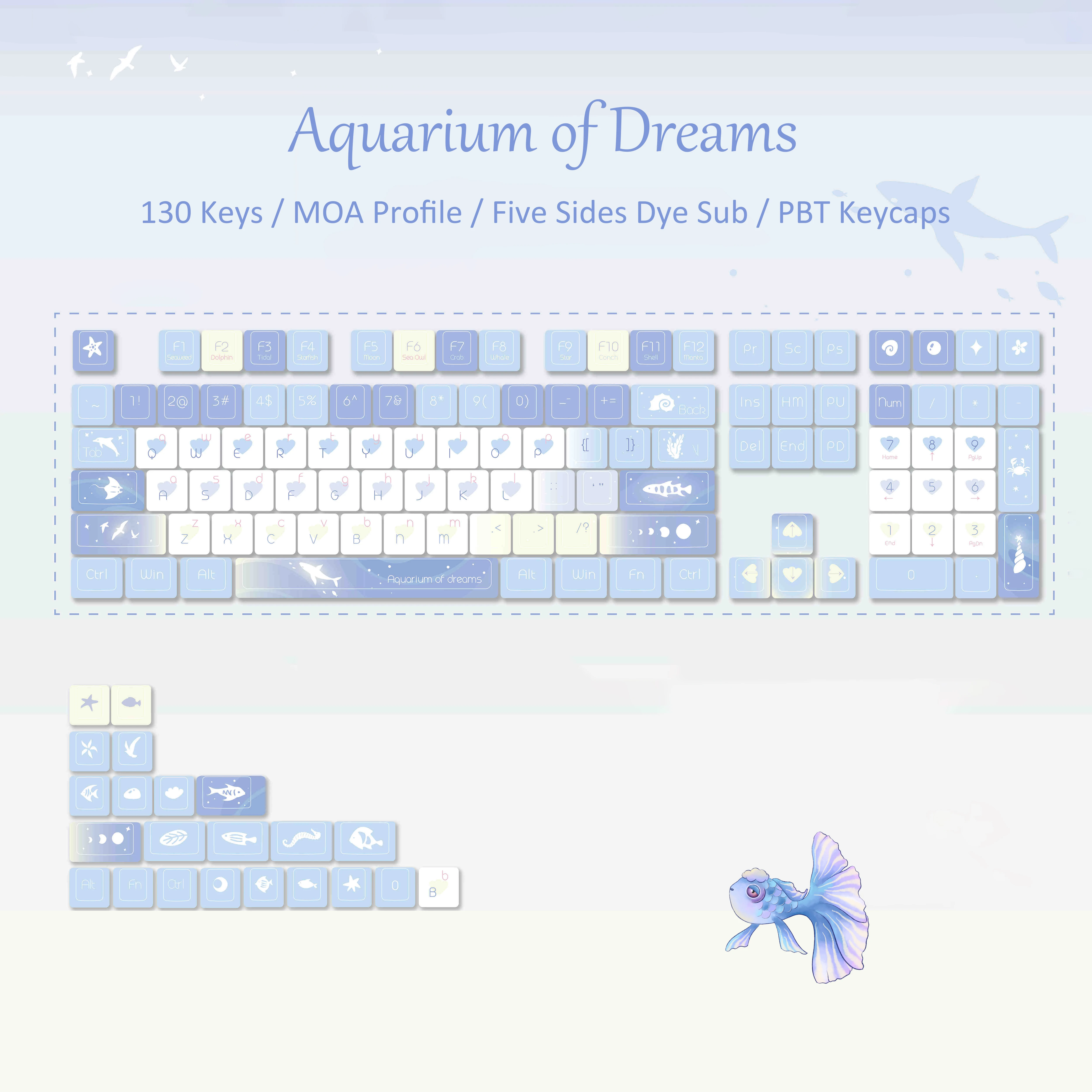 130 Keys Blue Dream Five Sided Dye Sublimation Keycaps MOA Profile PBT Keycaps for Cherry MX Switch Mechanical Gaming Keyboard