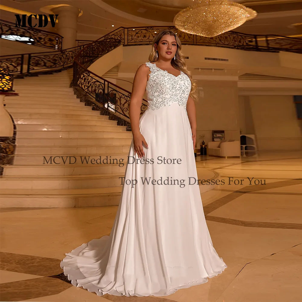 

MCDV Boho Wedding Dress 2026 Plus Size Sleeveless Applique Chiffon Sweep Train Backless Bridal Gown Vestido De Noiva Customized