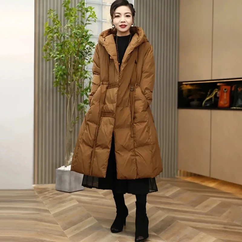 

New High-grade Womens Korean 90% White Duck Down Coat Winter Cold Warm Down Jacket Long Female Hooded Snow Parker Overcoat Black