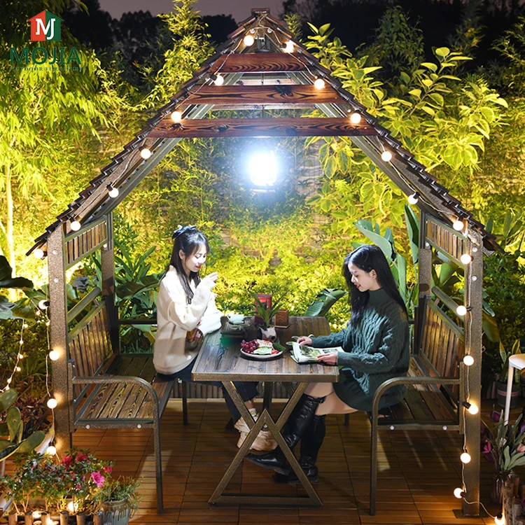 Popular Commercial Wooden House Pavilion Bar Restaurant Garden Gazebo Bench Table with LED Chinese Design Outdoor Plastic Wood